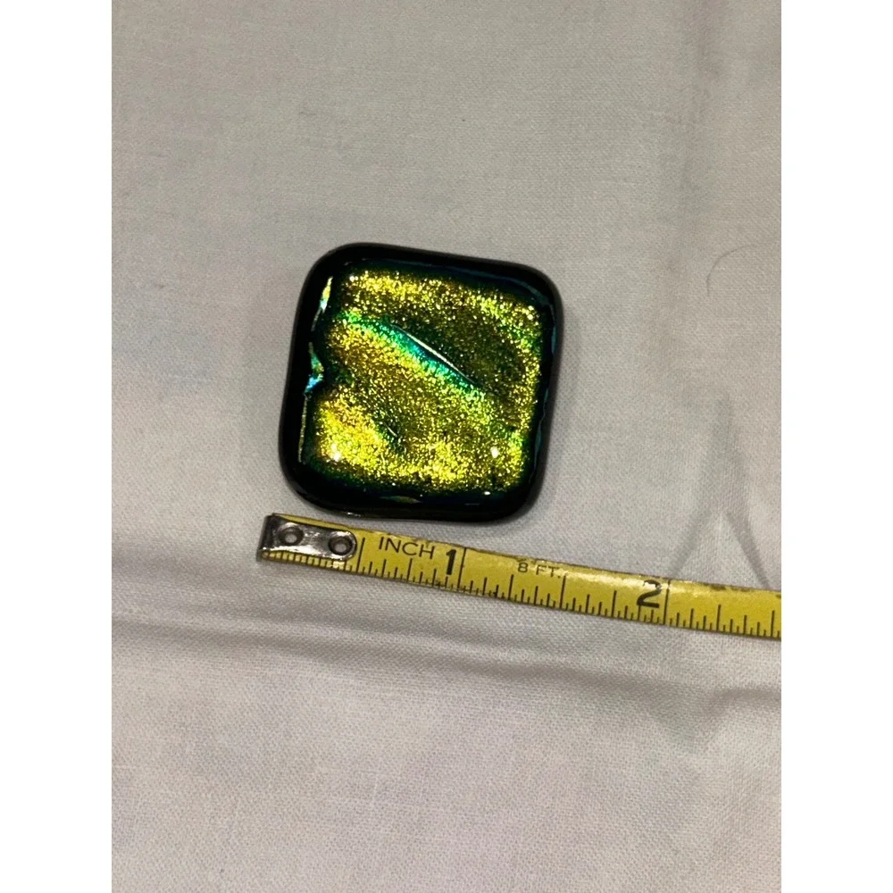 Dichroic Fused Glass Brooch Square Gold Green Teal Shimmer Artisan Pin 1.5